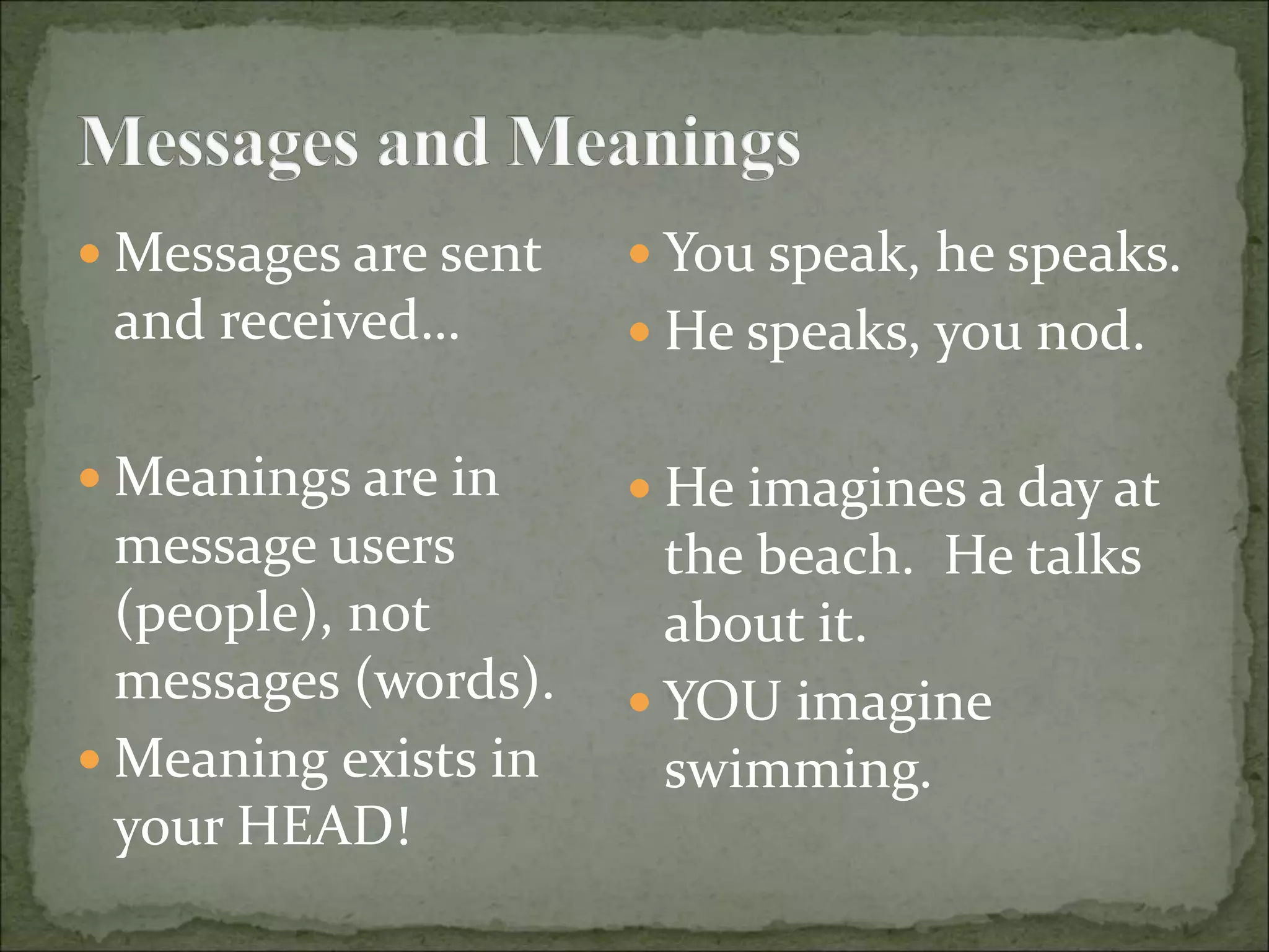  Messages are sent
and received…
 Meanings are in
message users
(people), not
messages (words).
 Meaning exists in
your HEAD!
 You speak, he speaks.
 He speaks, you nod.
 He imagines a day at
the beach. He talks
about it.
 YOU imagine
swimming.
 