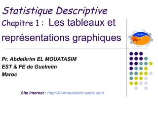 Statistique Descriptive
Chapitre 1 : Les tableaux et
représentations graphiques

Pr. Abdelkrim EL MOUATASIM
EST & FE de Guelmim
Maroc


      Site internet : http://el-mouatasim.webs.com
 