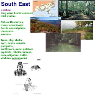 South EastWeather:long warm humid summersmild wintersNatural Resources:rivers, ocean/coastFertile coastal plainsmountains, swampsTrees, clay, shells, corn, beans, squash, pumpkins, sunflowers, sweet potatoessquirrels, rabbits, turkeys, deer, alligators, turtles,wild rice, persimmons