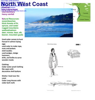 North West CoastUsed cedar canoes to huntFenced in salmon laying eggsused cedar to make rope, mats and basketsshell needles used wedges, sledge hammers, drills, and knifes to carve wooden masksClothing:Cedar water proof clothing like capes withdecorative shell buttons Shelter: lived near the coastCedar Long Houses with cedar bark roofsWeather:long cold winterscool summersheavy rainfallNatural Resources:ocean/beachesthick forests of fir, spruce, and cedarrugged mountainsseafood/salmondeer, moose, bear, elk, beaver, mountain goatsUsed cedar canoes to huntFenced in salmon laying eggsused cedar to make rope, mats and basketsshell needles used wedges, sledge hammers, drills, and knifes to carve wooden masks Clothing:Cedar water proof clothing like capes withdecorative shell buttons  Shelter: lived near the coastCedar Long Houses with cedar bark roofs