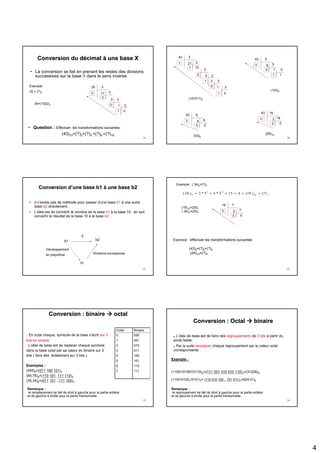 4
19
Conversion du dConversion du déécimalcimal àà une base Xune base X
• La conversion se fait en prenant les restes des divisions
successives sur la base X dans le sens inverse.
35 3
112 3
3
2
3
10 3
01
Exemple :
35 = (?)3
35=(1022)3
• Question : Effectuer les transformations suivantes :
(43)10=(?)2=(?)5 =(?)8 =(?)16
20
43 2
211 2
101
2
50 2
21 2
0 1 2
1 0
43 16
211 16
02
43 5
83 5
13 5
11
(101011)2
(133)5
(2B)16
8
53 8
05
(53)8
43
21
Conversion dConversion d’’une base b1une base b1 àà une base b2une base b2
• Il n’existe pas de méthode pour passer d’une base b1 à une autre
base b2 directement.
• L’idée est de convertir le nombre de la base b1 à la base 10 , en suit
convertir le résultat de la base 10 à la base b2 .
b1 b2
10
Développement
en polynôme Divisions successives
?
22
Exemple : ( 34)5=(?)7
710
01
5 (?))19(4155*45*3)34( ==+=+=
19 7
25 7
02
(19)10=(25)7
( 34)5=(25)7
Exercice : effectuer les transformations suivantes
(43)6=(?)5=(?)8
(2A)16=(?)9
23
Conversion : binaireConversion : binaire octaloctal
000
001
010
011
100
101
110
111
Binaire
0
1
2
3
4
5
6
7
Octal
. En octal chaque, symbole de la base s’écrit sur 3
bits en binaire.
. L’idée de base est de replacer chaque symbole
dans la base octal par sa valeur en binaire sur 3
bits ( faire des éclatement sur 3 bits ).
Exemples :
2)101100011=(8(345)
2)110111,101110=(8(65,76)
2)100110,101011=(8(35,34)
Remarque :
le remplacement se fait de droit à gauche pour la partie entière
et de gauche à droite pour la partie fractionnelle .
24
Conversion : OctalConversion : Octal binairebinaire
. L’idée de base est de faire des regroupements de 3 bits à partir du
poids faible.
. Par la suite remplacer chaque regroupement par la valeur octal
correspondante .
Exemple :
8=(31226)2)110010010001110=(2(11001010010110)
8=(624,51)2)001101,100010110= (210101),(110010100
Remarque :
le regroupement se fait de droit à gauche pour la partie entière
et de gauche à droite pour la partie fractionnelle .
 