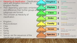 • Hierarchy of classification : Classification
starts with Kingdom Animalia or
Kingdom Plantae.
• Then depending upon basic similarities
and differences their further groups and
subgroups are formed.
• This is known as Hierarchy of
classification.
• Kingdom ,
• Phylum/division
• Class
• Order
• Family
• Genus
• Species are the sequences of the
classification system
 