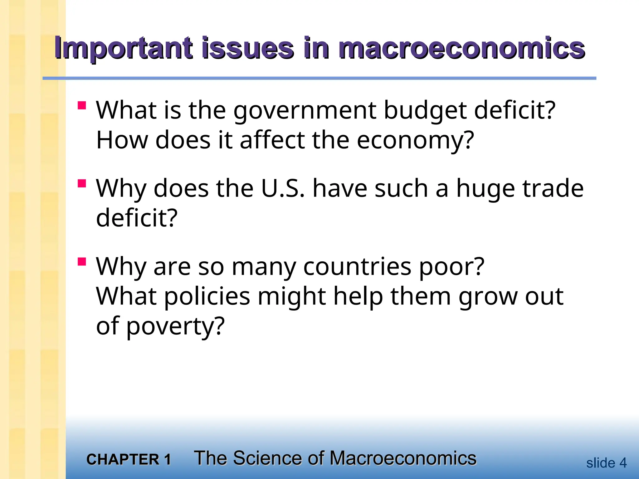 CHAPTER 1
CHAPTER 1 The Science of Macroeconomics
The Science of Macroeconomics slide 4
Important issues in macroeconomics
Important issues in macroeconomics
 What is the government budget deficit?
How does it affect the economy?
 Why does the U.S. have such a huge trade
deficit?
 Why are so many countries poor?
What policies might help them grow out
of poverty?
 