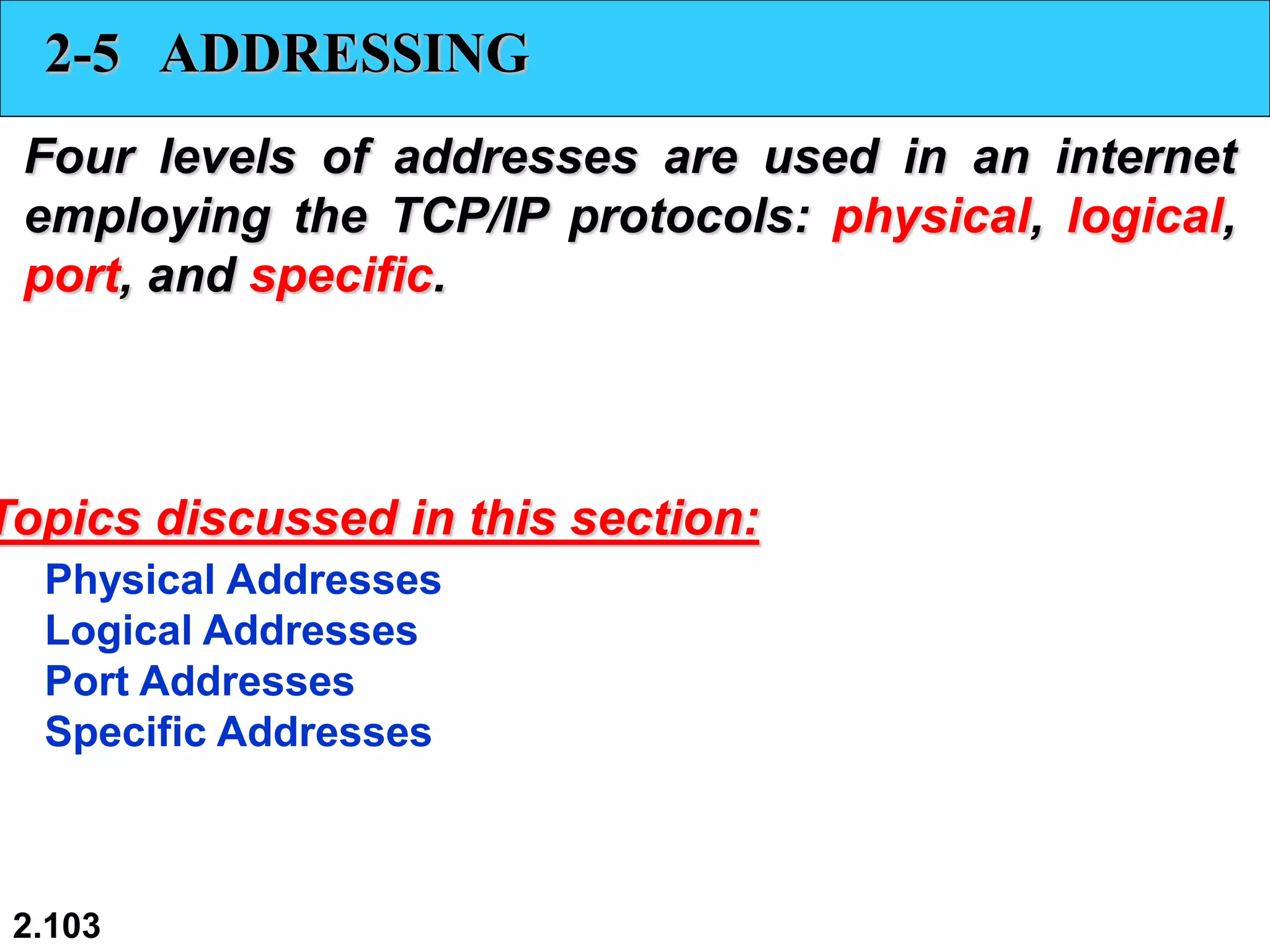 2.103
2-5 ADDRESSING
Four levels of addresses are used in an internet
employing the TCP/IP protocols: physical, logical,
port, and specific.
Physical Addresses
Logical Addresses
Port Addresses
Specific Addresses
Topics discussed in this section:
 