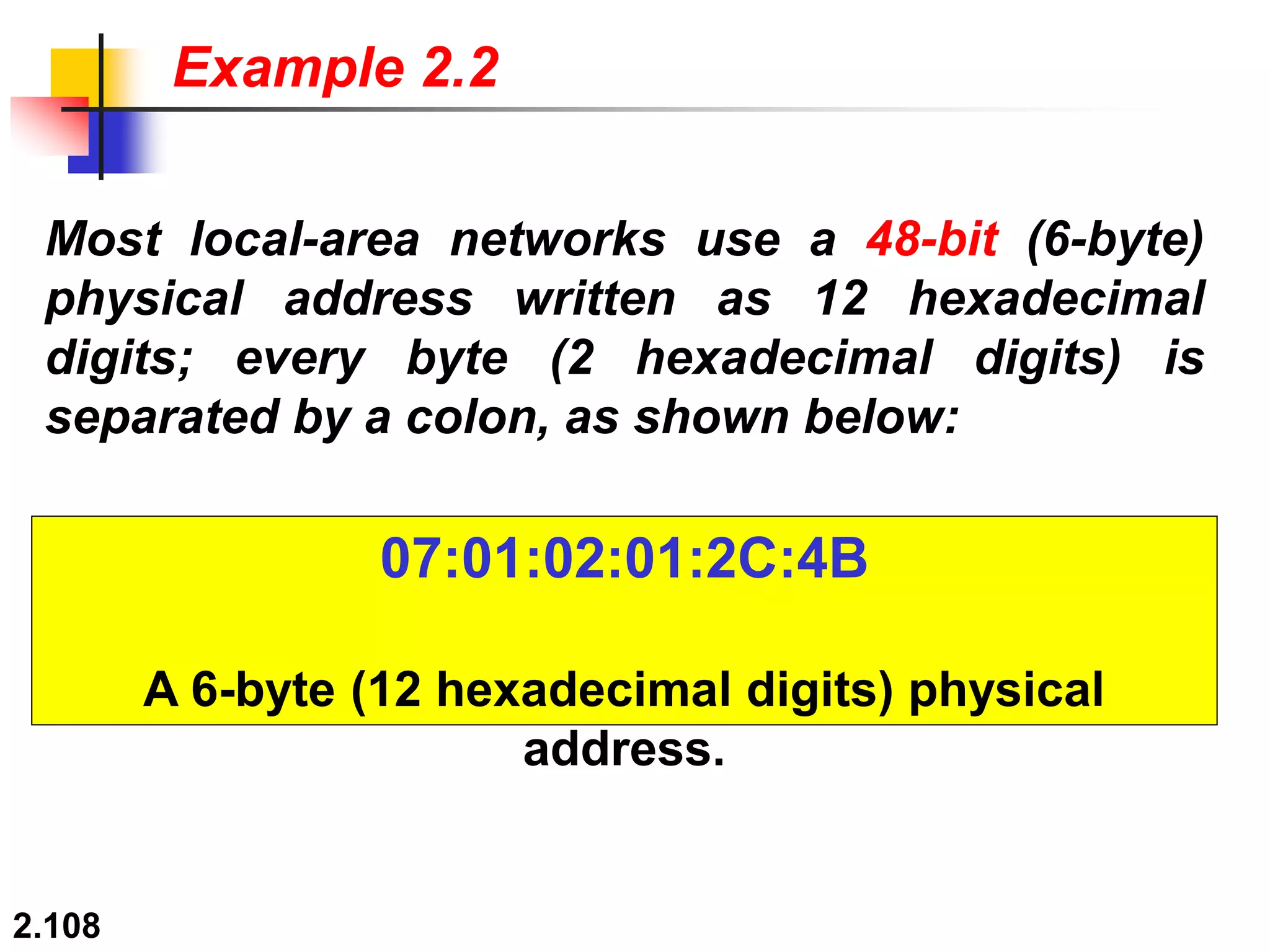 2.108
Most local-area networks use a 48-bit (6-byte)
physical address written as 12 hexadecimal
digits; every byte (2 hexadecimal digits) is
separated by a colon, as shown below:
Example 2.2
07:01:02:01:2C:4B
A 6-byte (12 hexadecimal digits) physical
address.
 