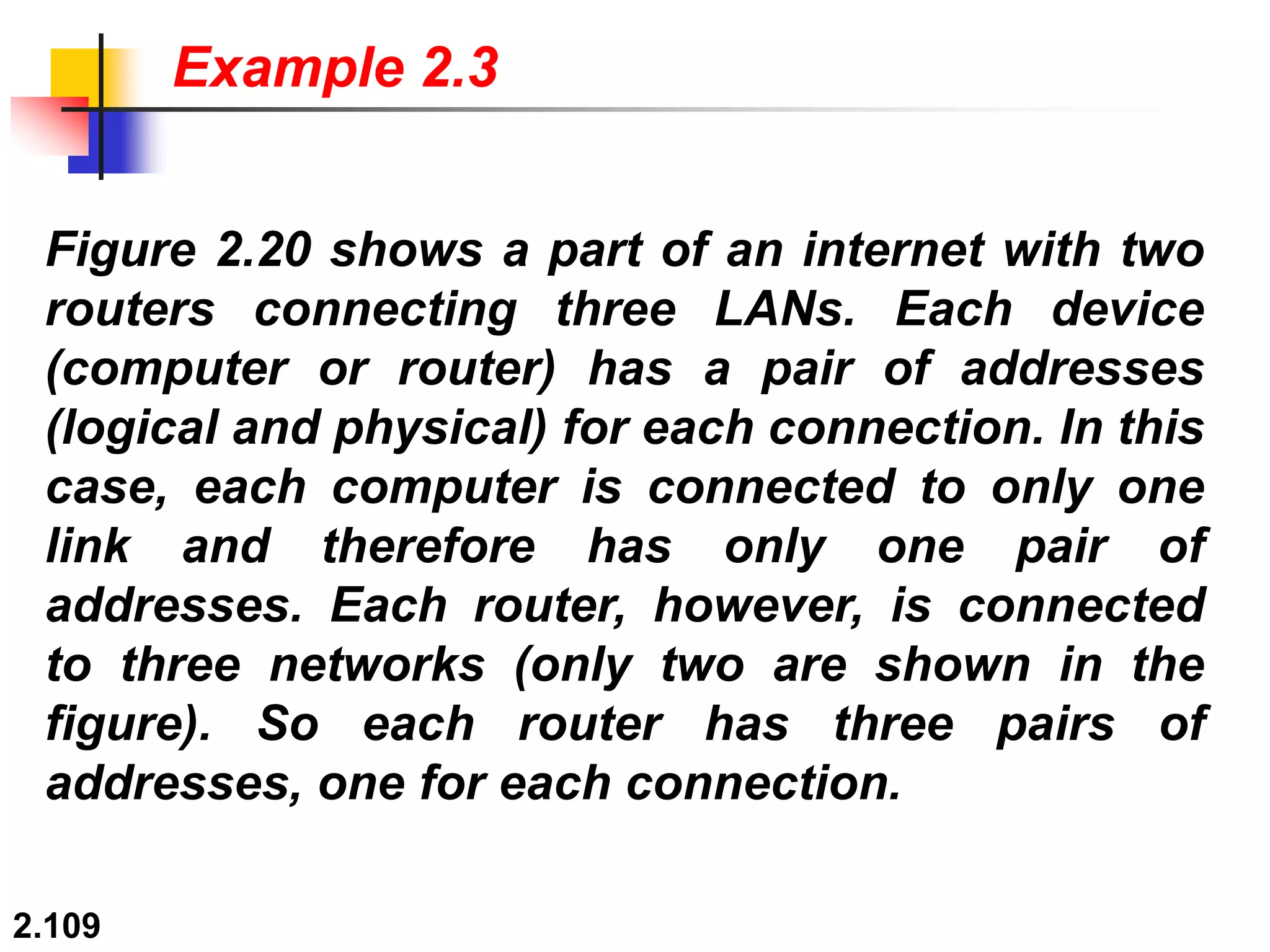 2.109
Figure 2.20 shows a part of an internet with two
routers connecting three LANs. Each device
(computer or router) has a pair of addresses
(logical and physical) for each connection. In this
case, each computer is connected to only one
link and therefore has only one pair of
addresses. Each router, however, is connected
to three networks (only two are shown in the
figure). So each router has three pairs of
addresses, one for each connection.
Example 2.3
 