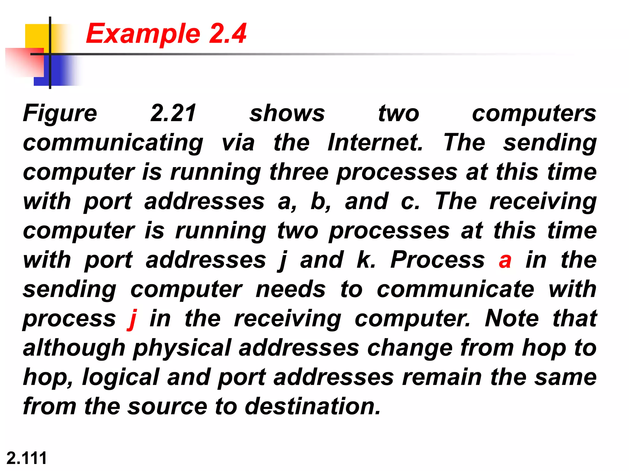 2.111
Figure 2.21 shows two computers
communicating via the Internet. The sending
computer is running three processes at this time
with port addresses a, b, and c. The receiving
computer is running two processes at this time
with port addresses j and k. Process a in the
sending computer needs to communicate with
process j in the receiving computer. Note that
although physical addresses change from hop to
hop, logical and port addresses remain the same
from the source to destination.
Example 2.4
 
