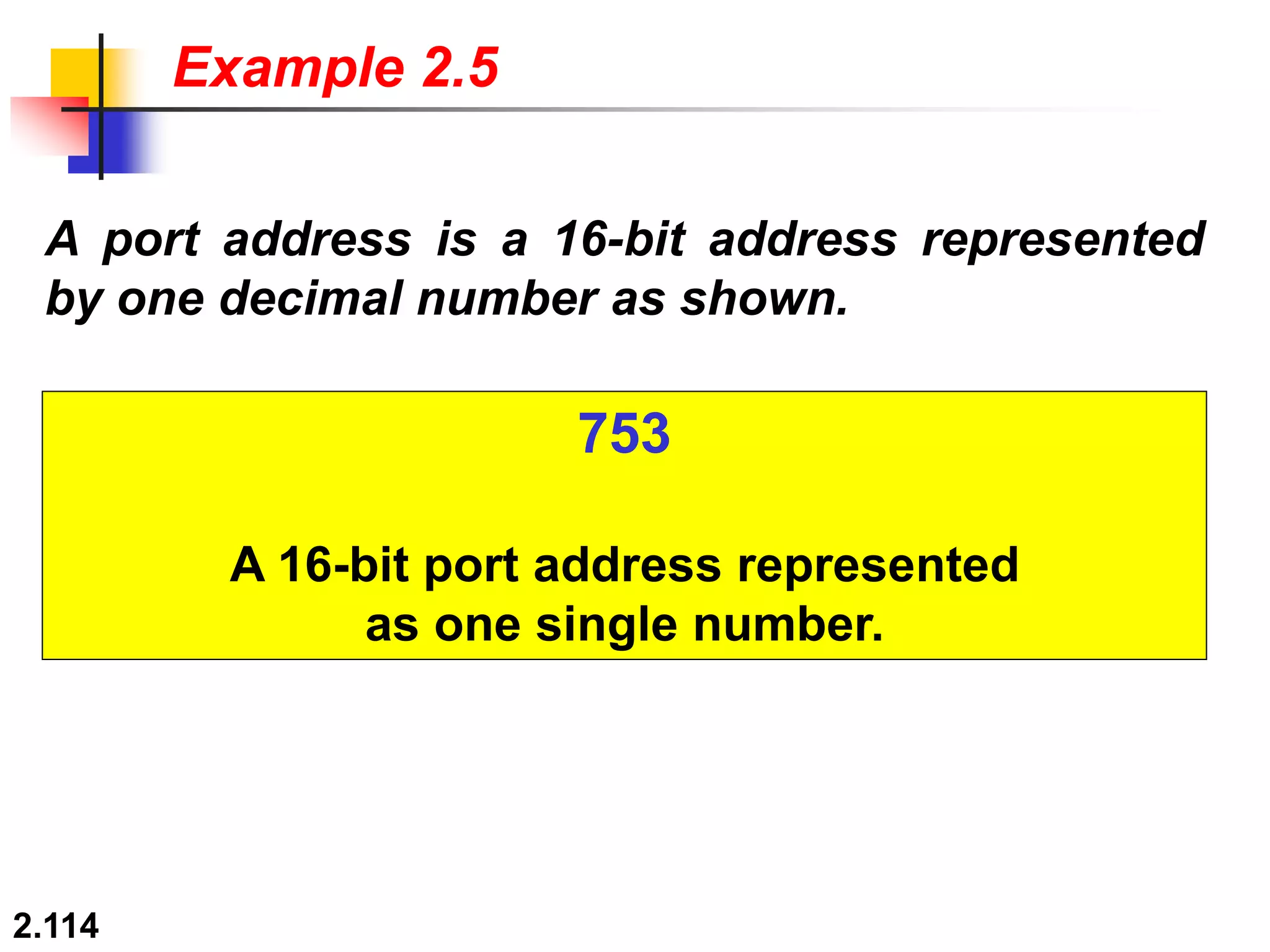 2.114
Example 2.5
A port address is a 16-bit address represented
by one decimal number as shown.
753
A 16-bit port address represented
as one single number.
 
