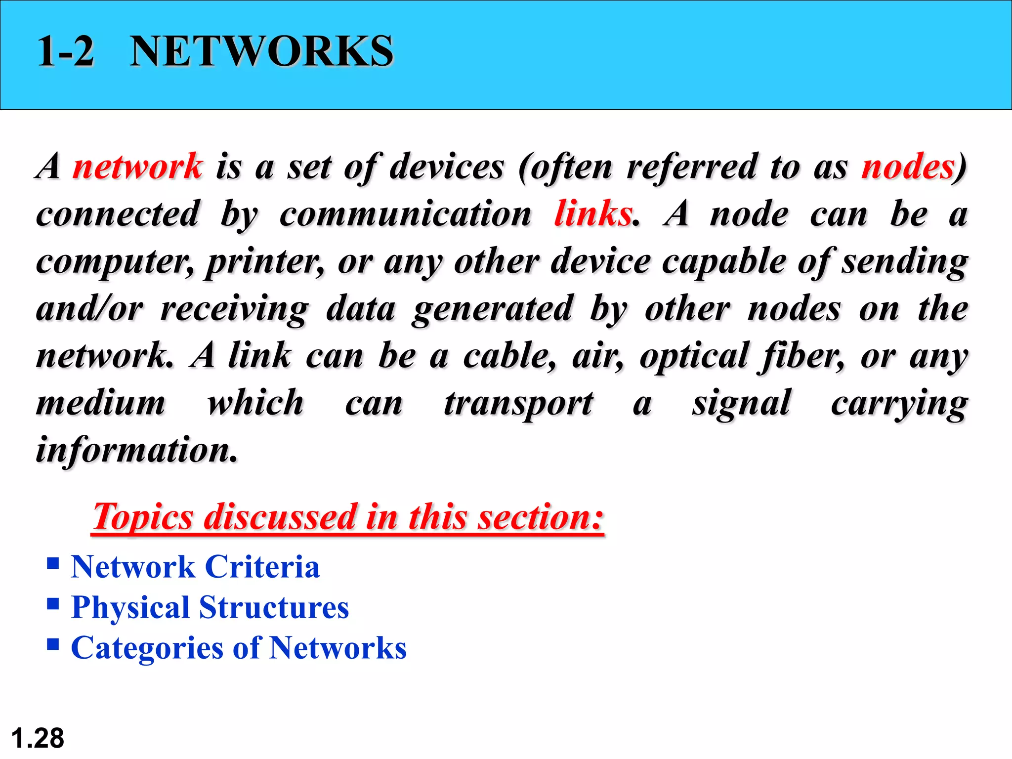 1.28
1-2 NETWORKS
A network is a set of devices (often referred to as nodes)
connected by communication links. A node can be a
computer, printer, or any other device capable of sending
and/or receiving data generated by other nodes on the
network. A link can be a cable, air, optical fiber, or any
medium which can transport a signal carrying
information.
 Network Criteria
 Physical Structures
 Categories of Networks
Topics discussed in this section:
 