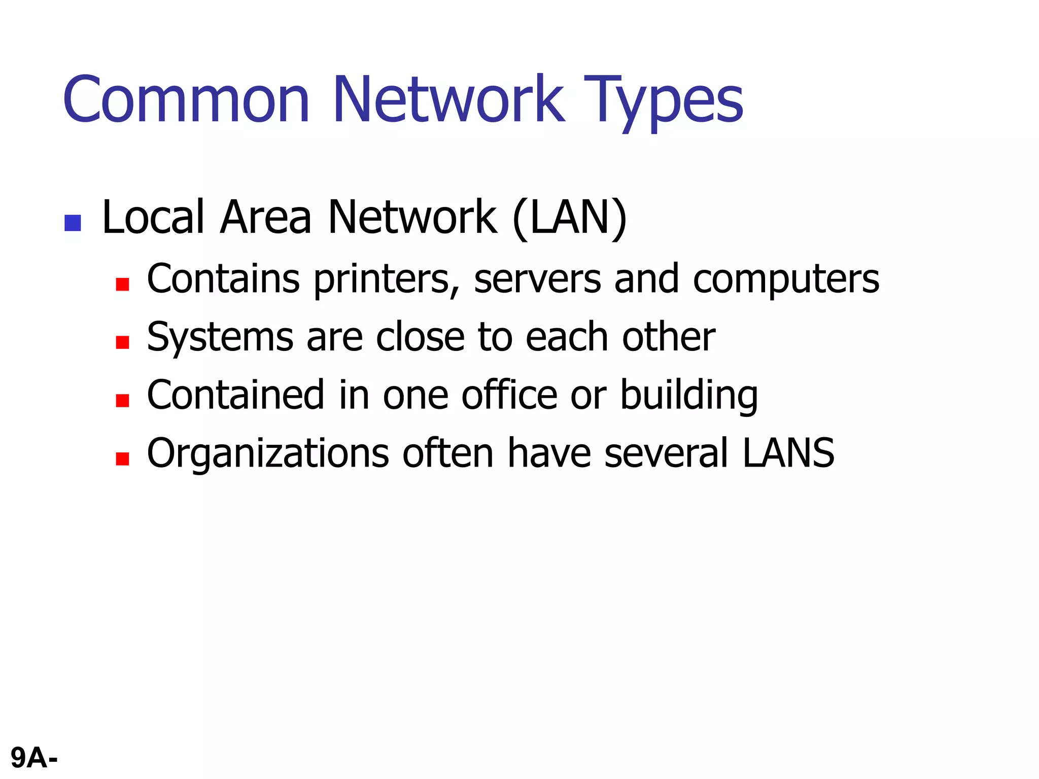 9A-36
Common Network Types
 Local Area Network (LAN)
 Contains printers, servers and computers
 Systems are close to each other
 Contained in one office or building
 Organizations often have several LANS
 