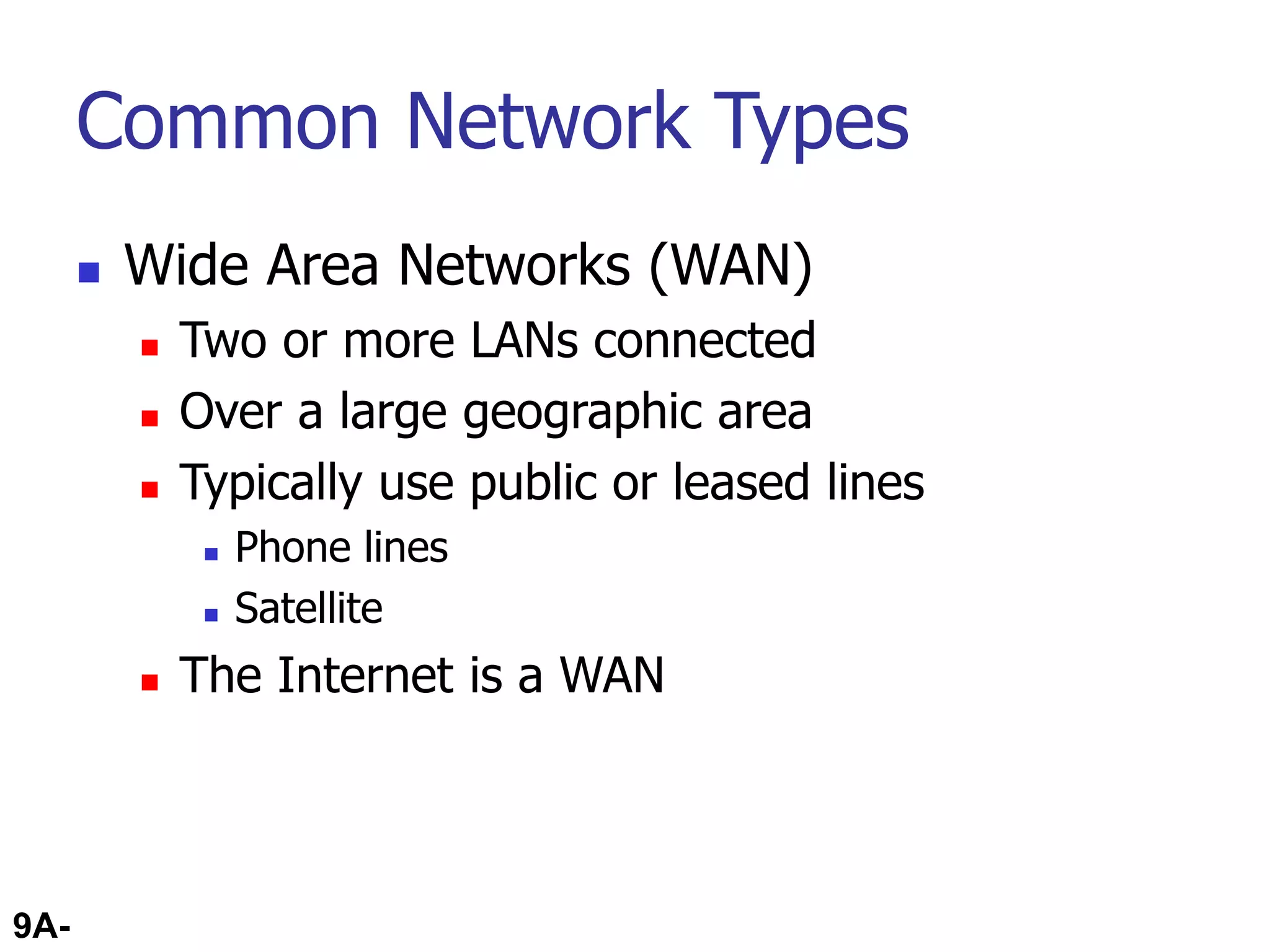 9A-37
Common Network Types
 Wide Area Networks (WAN)
 Two or more LANs connected
 Over a large geographic area
 Typically use public or leased lines
 Phone lines
 Satellite
 The Internet is a WAN
 