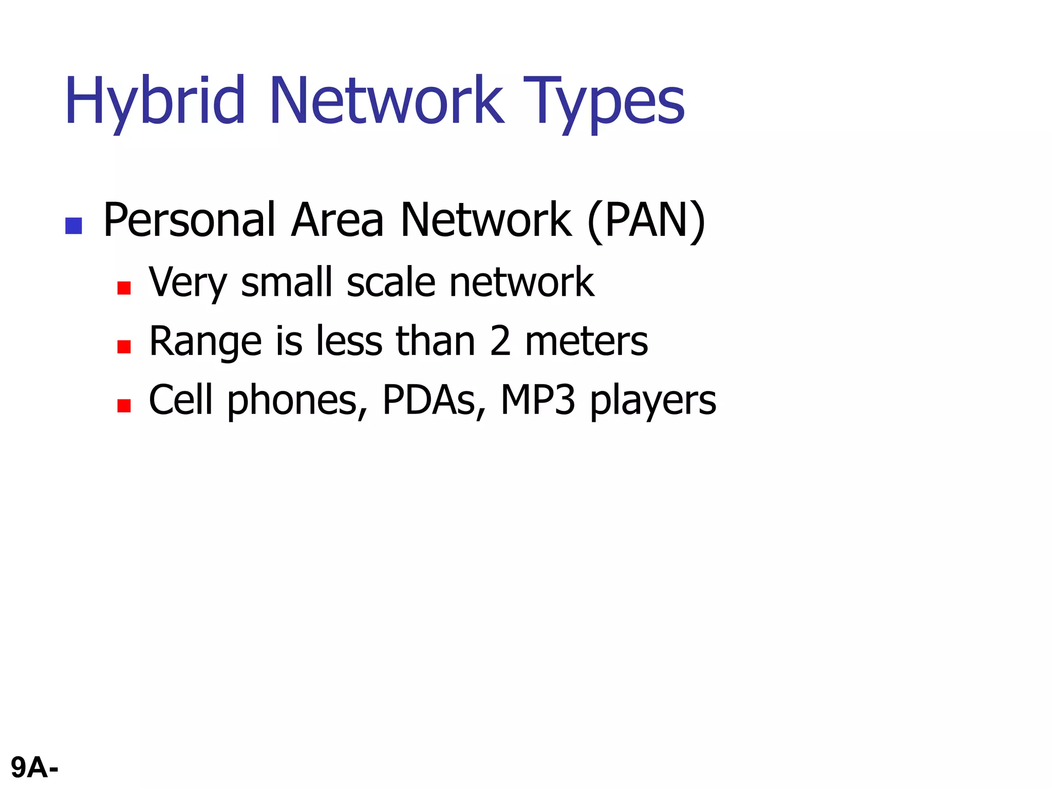 9A-41
Hybrid Network Types
 Personal Area Network (PAN)
 Very small scale network
 Range is less than 2 meters
 Cell phones, PDAs, MP3 players
 