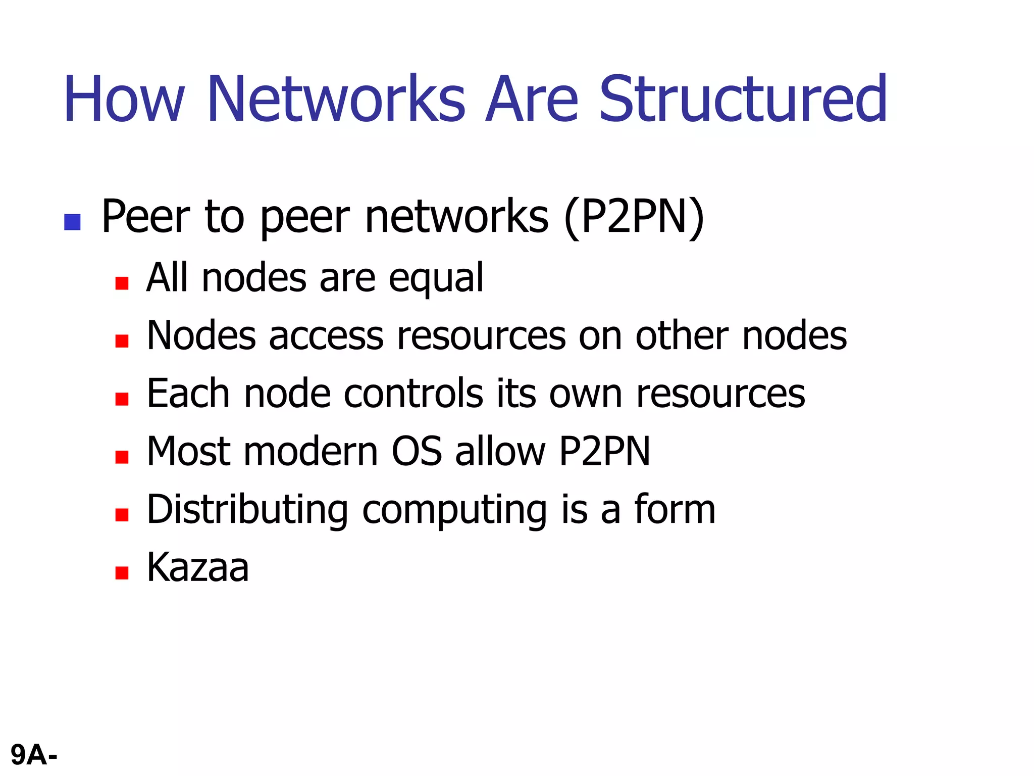 9A-44
How Networks Are Structured
 Peer to peer networks (P2PN)
 All nodes are equal
 Nodes access resources on other nodes
 Each node controls its own resources
 Most modern OS allow P2PN
 Distributing computing is a form
 Kazaa
 