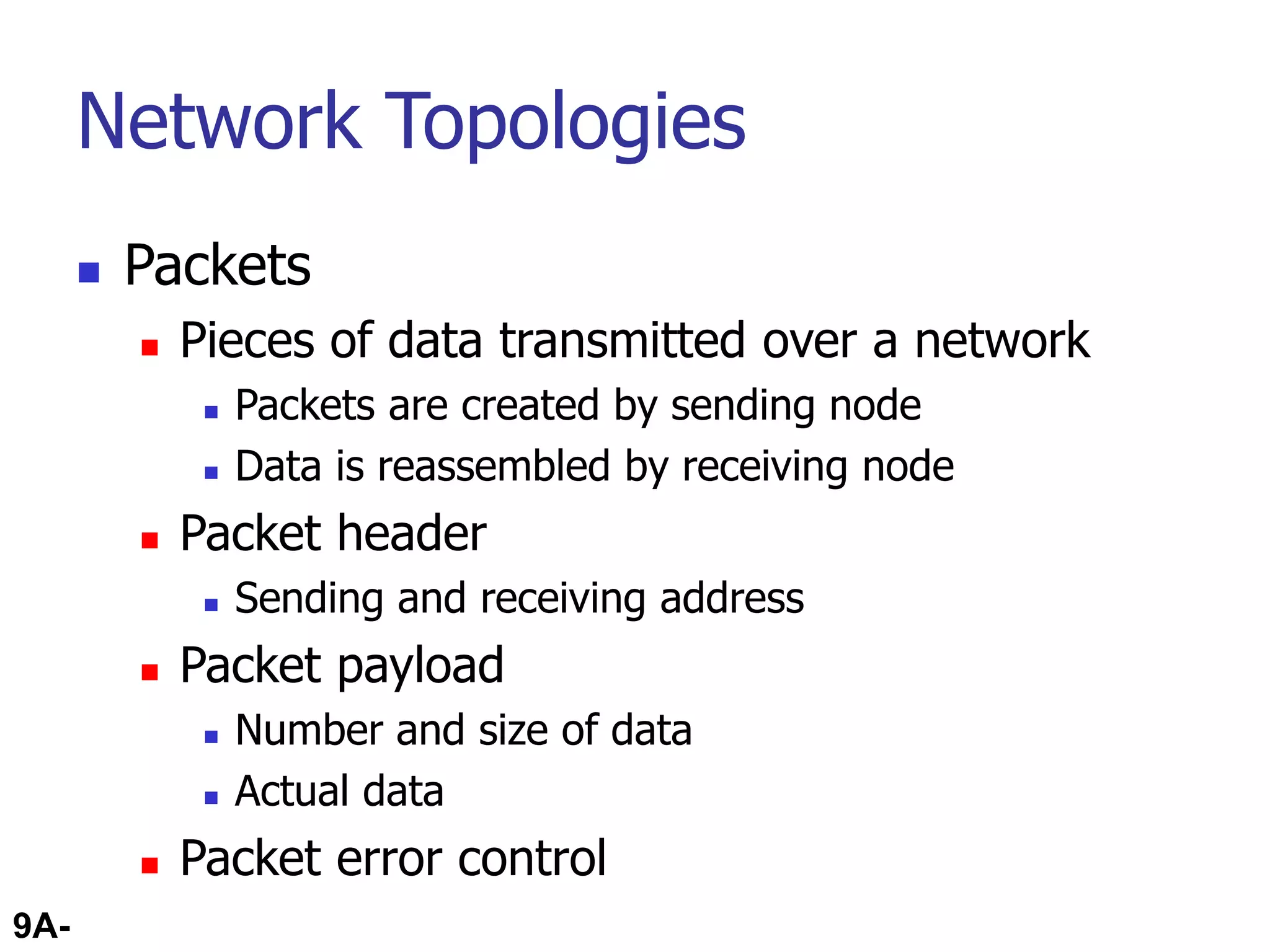 9A-46
Network Topologies
 Packets
 Pieces of data transmitted over a network
 Packets are created by sending node
 Data is reassembled by receiving node
 Packet header
 Sending and receiving address
 Packet payload
 Number and size of data
 Actual data
 Packet error control
 