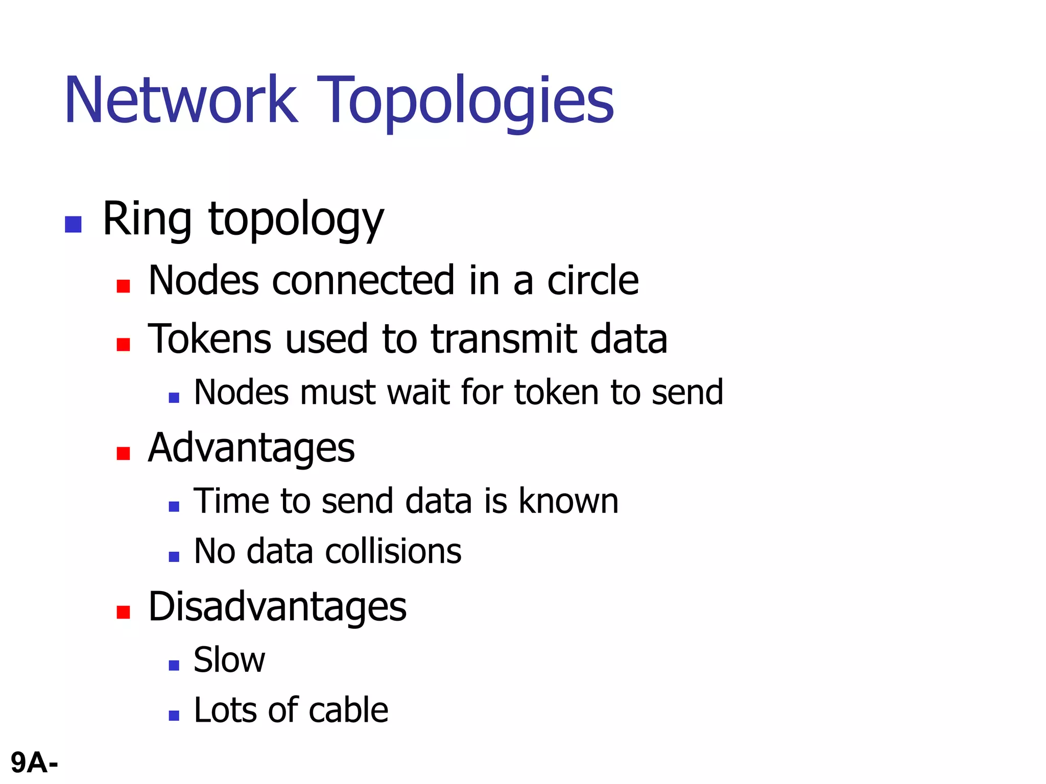9A-50
Network Topologies
 Ring topology
 Nodes connected in a circle
 Tokens used to transmit data
 Nodes must wait for token to send
 Advantages
 Time to send data is known
 No data collisions
 Disadvantages
 Slow
 Lots of cable
 