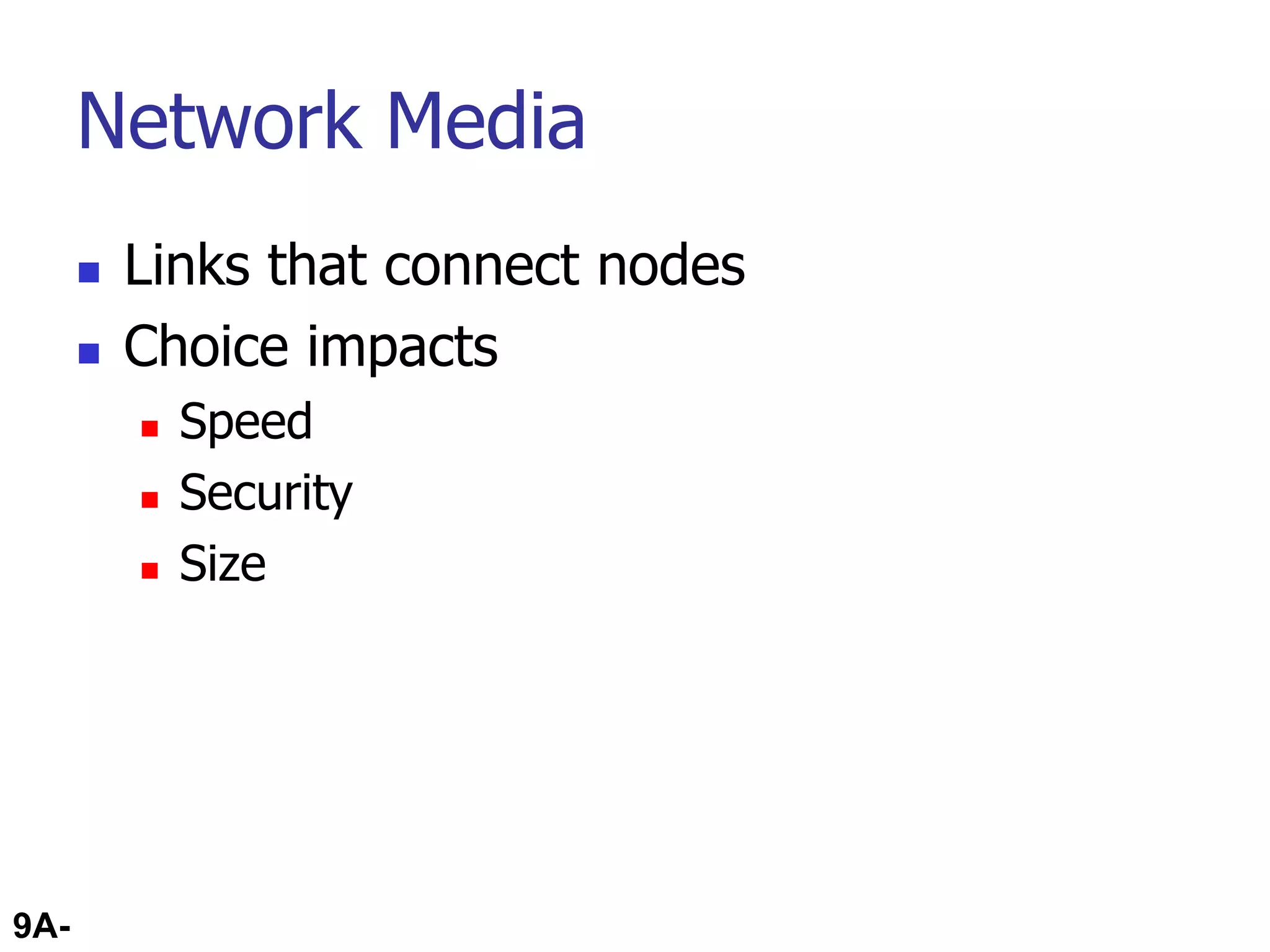 9A-53
Network Media
 Links that connect nodes
 Choice impacts
 Speed
 Security
 Size
 