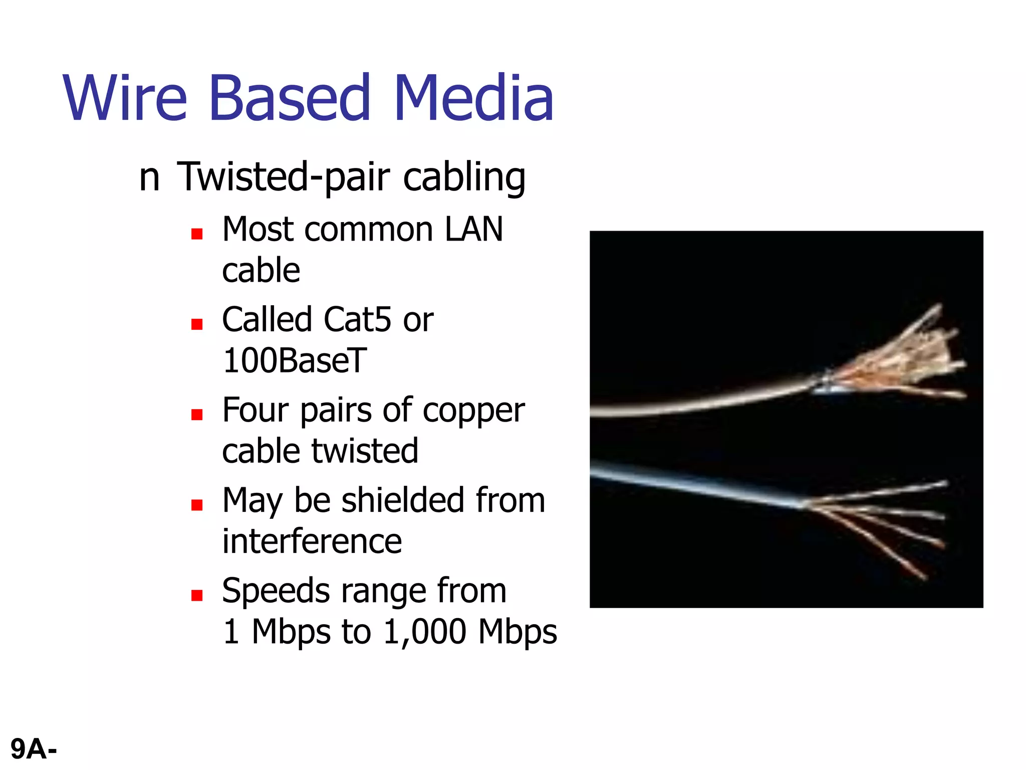 9A-54
Wire Based Media
n Twisted-pair cabling
 Most common LAN
cable
 Called Cat5 or
100BaseT
 Four pairs of copper
cable twisted
 May be shielded from
interference
 Speeds range from
1 Mbps to 1,000 Mbps
 