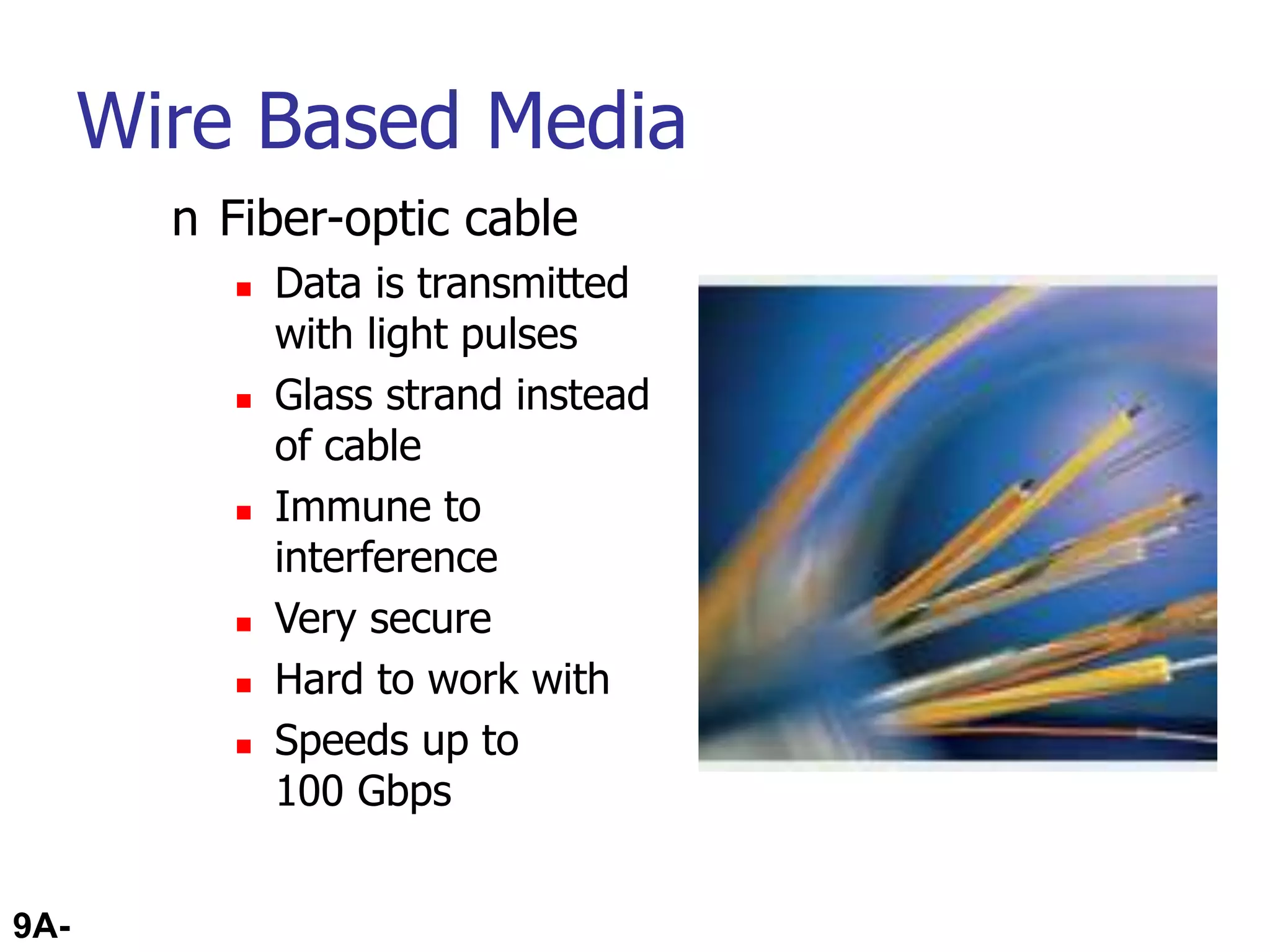 9A-56
Wire Based Media
n Fiber-optic cable
 Data is transmitted
with light pulses
 Glass strand instead
of cable
 Immune to
interference
 Very secure
 Hard to work with
 Speeds up to
100 Gbps
 
