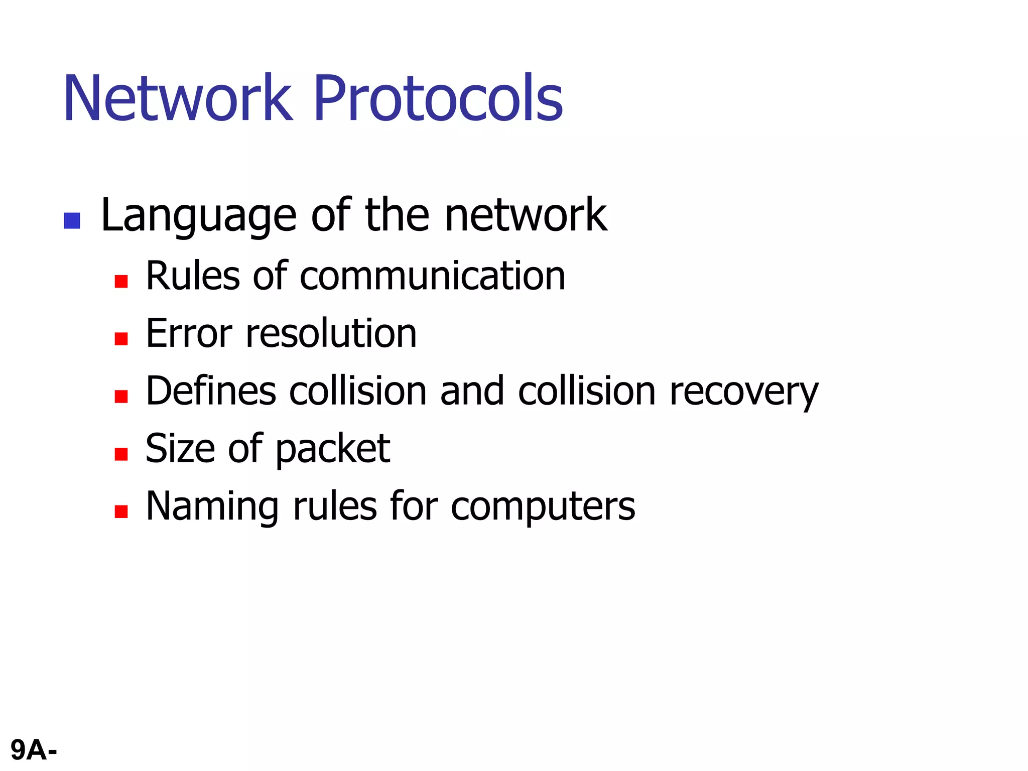 9A-70
Network Protocols
 Language of the network
 Rules of communication
 Error resolution
 Defines collision and collision recovery
 Size of packet
 Naming rules for computers
 