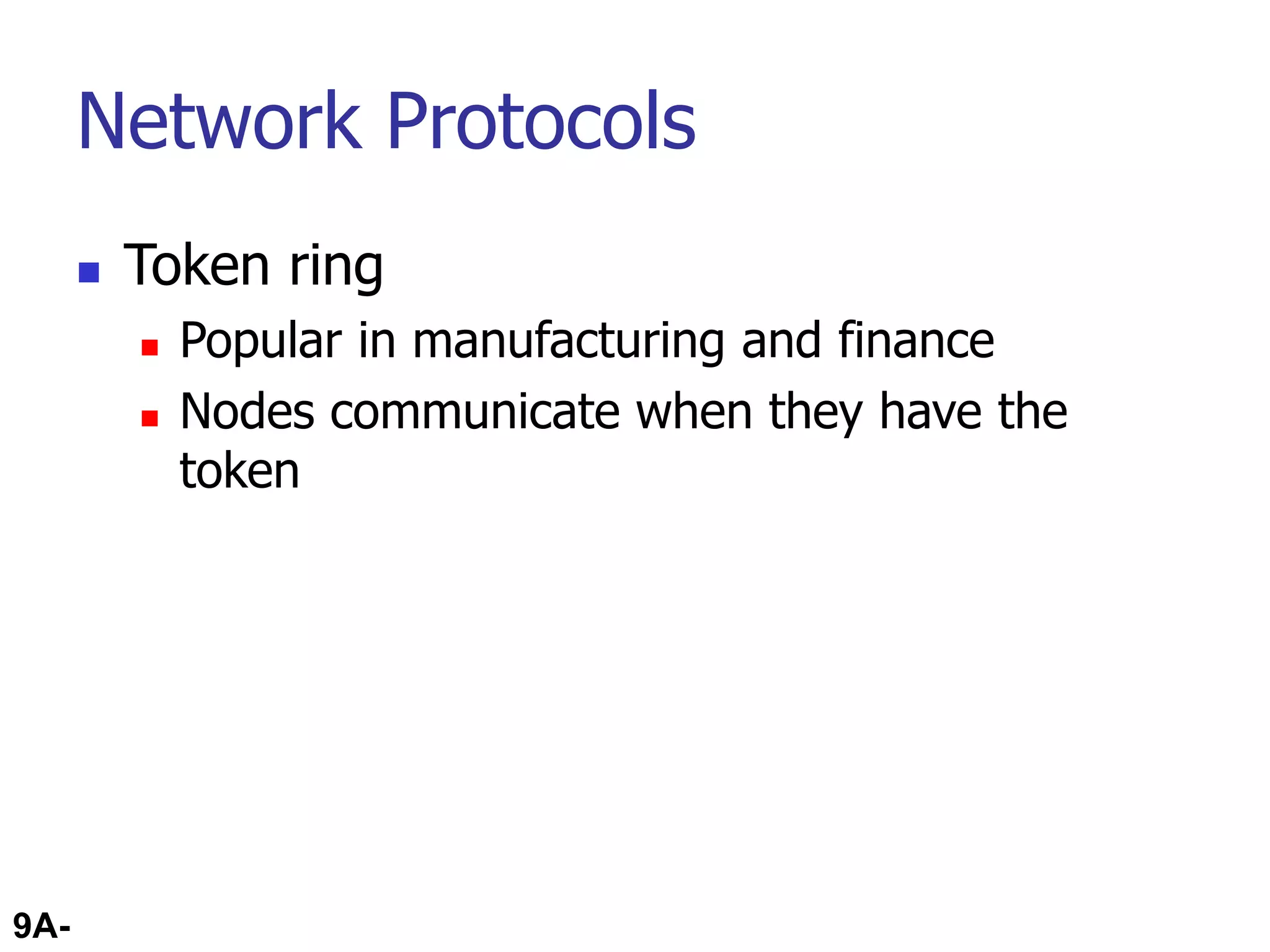 9A-74
Network Protocols
 Token ring
 Popular in manufacturing and finance
 Nodes communicate when they have the
token
 
