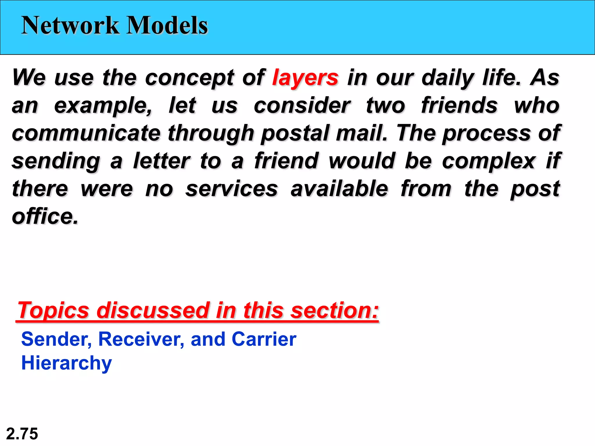 2.75
Network Models
We use the concept of layers in our daily life. As
an example, let us consider two friends who
communicate through postal mail. The process of
sending a letter to a friend would be complex if
there were no services available from the post
office.
Sender, Receiver, and Carrier
Hierarchy
Topics discussed in this section:
 