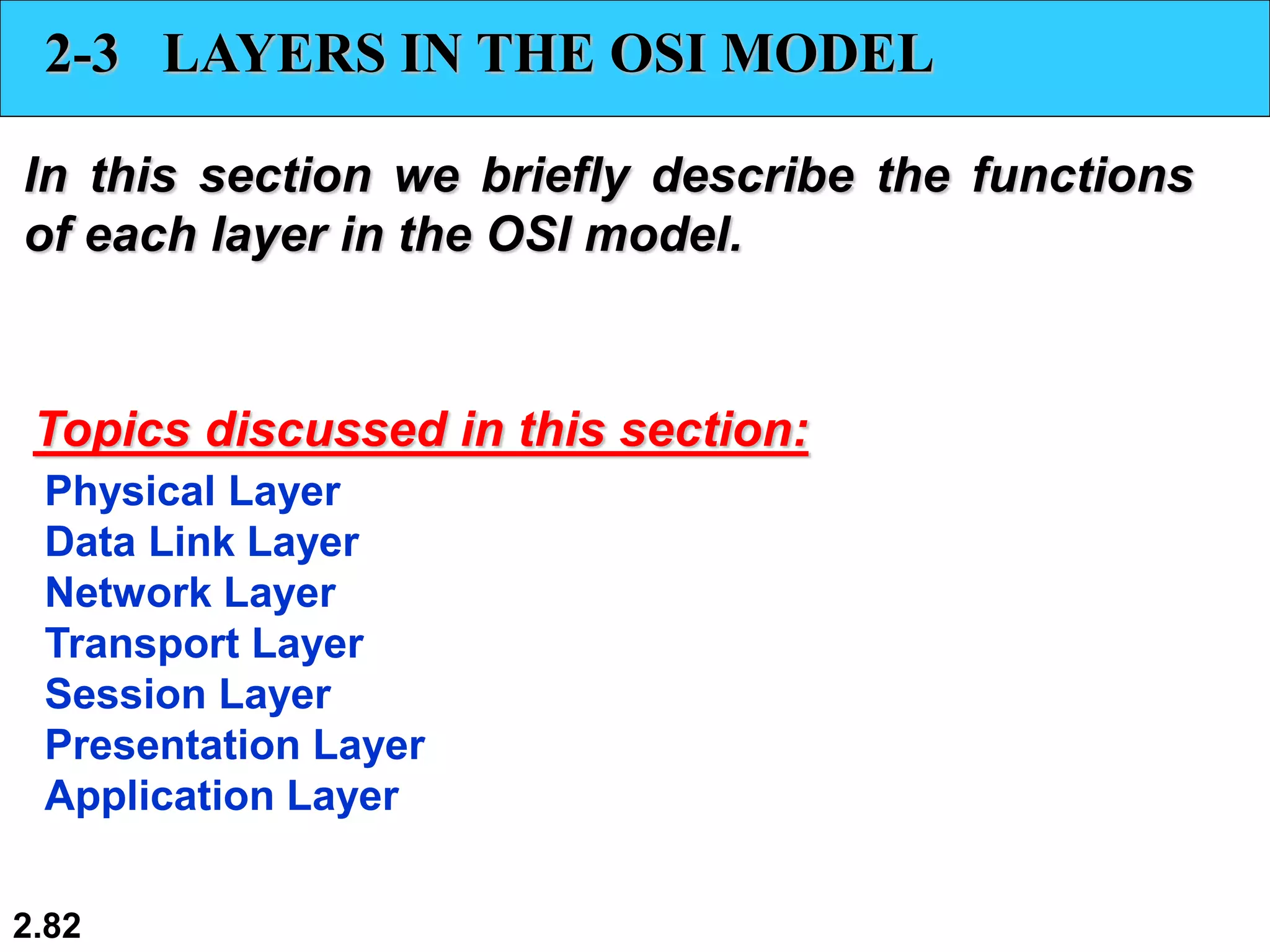 2.82
2-3 LAYERS IN THE OSI MODEL
In this section we briefly describe the functions
of each layer in the OSI model.
Physical Layer
Data Link Layer
Network Layer
Transport Layer
Session Layer
Presentation Layer
Application Layer
Topics discussed in this section:
 
