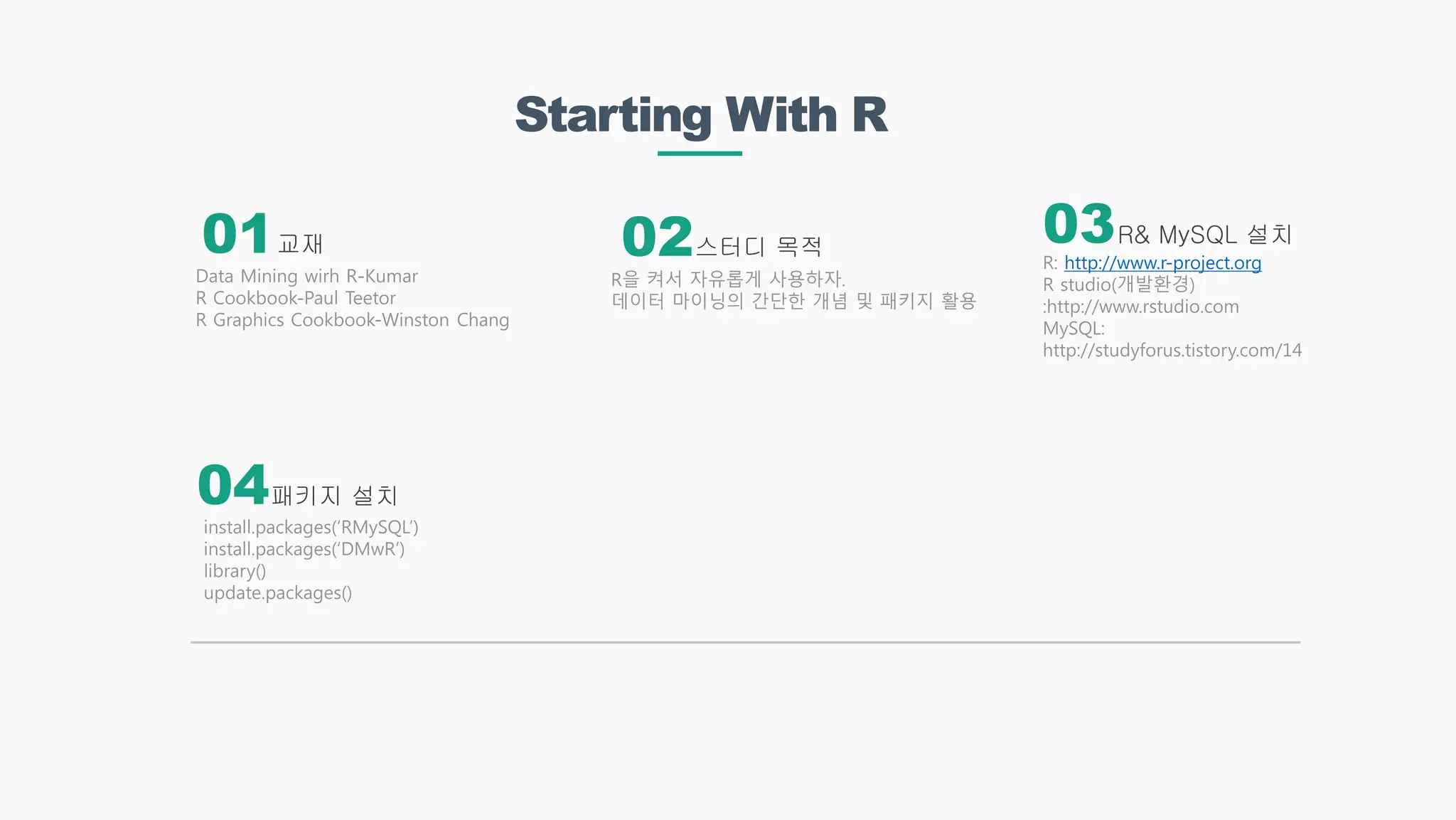 Starting With R
교재
패키지 설치
스터디 목적
R& MySQL 설치
Data Mining wirh R-Kumar
R Cookbook-Paul Teetor
R Graphics Cookbook-Winston Chang
install.packages(‘RMySQL’)
install.packages(‘DMwR’)
library()
update.packages()
R을 켜서 자유롭게 사용하자.
데이터 마이닝의 간단한 개념 및 패키지 활용
R: http://www.r-project.org
R studio(개발환경)
:http://www.rstudio.com
MySQL:
http://studyforus.tistory.com/14
01 02 03
04
 