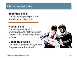 © 2005 Prentice Hall Inc. All rights reserved. 1–12
Management Skills
Technical skills
The ability to apply specialized
knowledge or expertise.
Human skills
The ability to work with,
understand, and motivate other
people, both individually and in
groups.
Conceptual Skills
The mental ability to analyze and
diagnose complex situations.
 