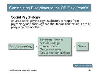 © 2005 Prentice Hall Inc. All rights reserved. 1–21
Contributing Disciplines to the OB Field (cont’d)
E X H I B I T 1–3 (cont’d)
Social Psychology
An area within psychology that blends concepts from
psychology and sociology and that focuses on the influence of
people on one another.
 