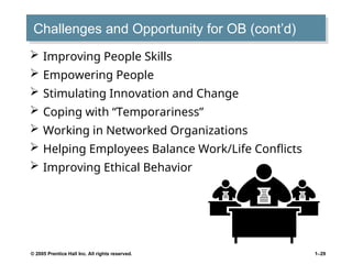 © 2005 Prentice Hall Inc. All rights reserved. 1–29
Challenges and Opportunity for OB (cont’d)
 Improving People Skills
 Empowering People
 Stimulating Innovation and Change
 Coping with “Temporariness”
 Working in Networked Organizations
 Helping Employees Balance Work/Life Conflicts
 Improving Ethical Behavior
 