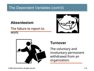 © 2005 Prentice Hall Inc. All rights reserved. 1–33
The Dependent Variables (cont’d)
Absenteeism
The failure to report to
work.
Turnover
The voluntary and
involuntary permanent
withdrawal from an
organization.
 