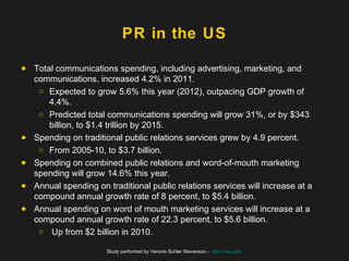 PR in the US

● Total communications spending, including advertising, marketing, and
  communications, increased 4.2% in 2...