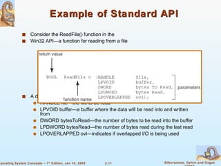 Example of Standard API Consider the ReadFile() function in the Win32 API—a function for reading from a file A description of the parameters passed to ReadFile() HANDLE file—the file to be read LPVOID buffer—a buffer where the data will be read into and written from DWORD bytesToRead—the number of bytes to be read into the buffer LPDWORD bytesRead—the number of bytes read during the last read LPOVERLAPPED ovl—indicates if overlapped I/O is being used 