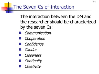 The Seven Cs of Interaction The interaction between the DM and the researcher should be characterized by the seven Cs: Communication Cooperation Confidence   Candor Closeness Continuity Creativity 