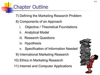 Chapter Outline 7) Defining the Marketing Research Problem 8) Components of an Approach i.  Objective / Theoretical Foundations ii.  Analytical Model iii.  Research Questions iv.  Hypothesis v.    Specification of Information Needed   9) International Marketing Research 10) Ethics in Marketing Research 11) Internet and Computer Applications 