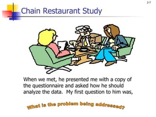 Chain Restaurant Study When we met, he presented me with a copy of the questionnaire and asked how he should analyze the data.  My first question to him was, What is the problem being addressed? 