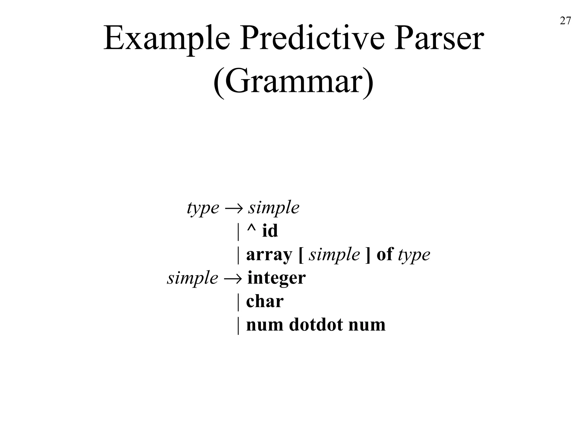 Example Predictive Parser (Grammar) type      simple   |   ^ id   |   array [  simple  ] of  type simple     integer   |   char   |  num dotdot num 
