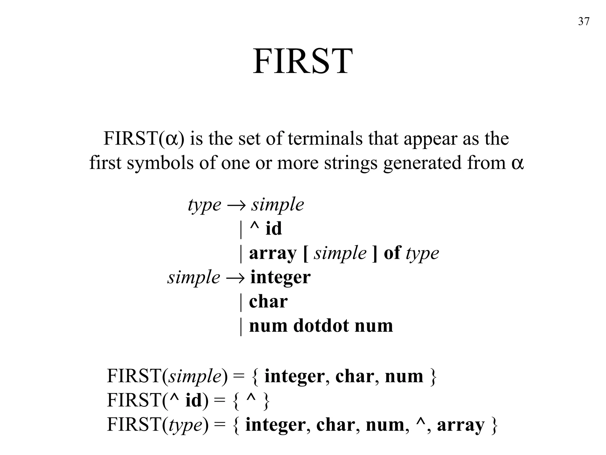 FIRST FIRST(  ) is the set of terminals that appear as the first symbols of one or more strings generated from   type      simple   |   ^ id   |   array [  simple  ] of  type simple     integer   |   char   |  num dotdot num FIRST( simple ) = {  integer ,  char ,  num  } FIRST( ^ id ) = {  ^  } FIRST( type ) = {  integer ,  char ,  num ,  ^ ,  array  } 