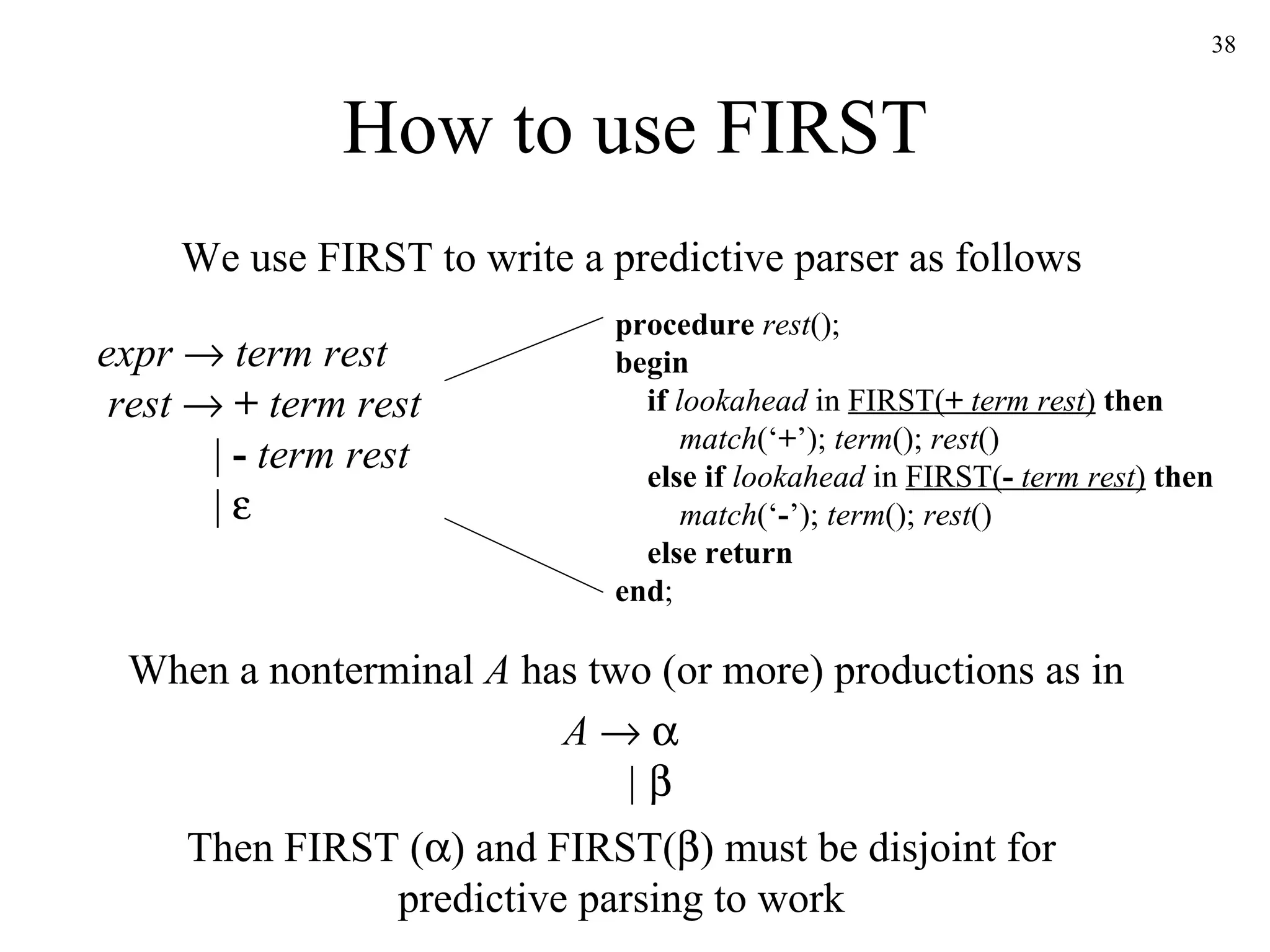 How to use FIRST expr      term rest  rest     +   term rest   |  -   term rest   |   A           |    When a nonterminal  A  has two (or more) productions as in Then FIRST (  ) and FIRST(  ) must be disjoint for predictive parsing to work procedure  rest (); begin   if  lookahead  in  FIRST( +   term rest )   then   match (‘ + ’);  term ();  rest ()   else if  lookahead  in  FIRST( -   term rest )   then   match (‘ - ’);  term ();  rest ()   else return end ; We use FIRST to write a predictive parser as follows 