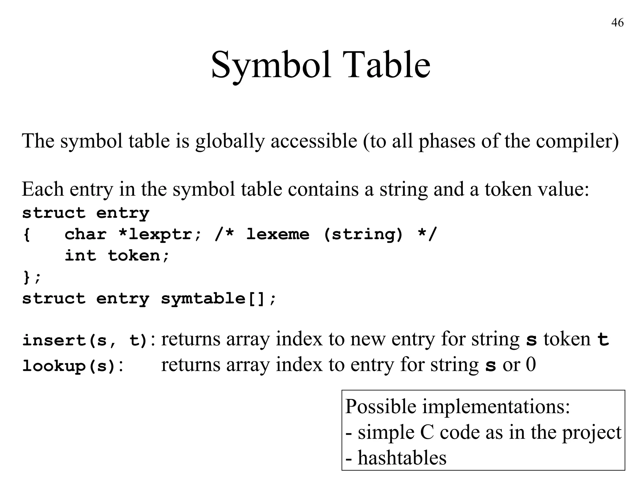 Symbol Table insert(s, t) : returns array index to new entry for string  s  token  t lookup(s) :  returns array index to entry for string  s  or 0 The symbol table is globally accessible (to all phases of the compiler) Each entry in the symbol table contains a string and a token value: struct entry {  char *lexptr; /* lexeme (string) */   int token; }; struct entry symtable[]; Possible implementations: - simple C code as in the project - hashtables 