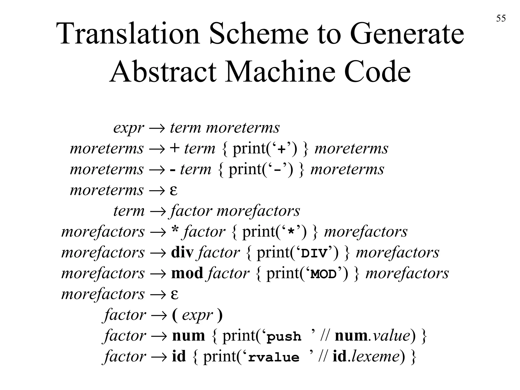 Translation Scheme to Generate Abstract Machine Code expr      term moreterms   moreterms      +  term  { print(‘ + ’) }  moreterms   moreterms      -  term  { print(‘ - ’) }  moreterms   moreterms         term      factor morefactors morefactors      *  factor  { print(‘ * ’) }  morefactors morefactors      div  factor  { print(‘ DIV ’) }  morefactors morefactors      mod  factor  { print(‘ MOD ’) }  morefactors morefactors         factor      (  expr  )     factor      num  { print(‘ push  ’ //  num .value )   }   factor      id  { print(‘ rvalue  ’ //  id . lexeme )   } 