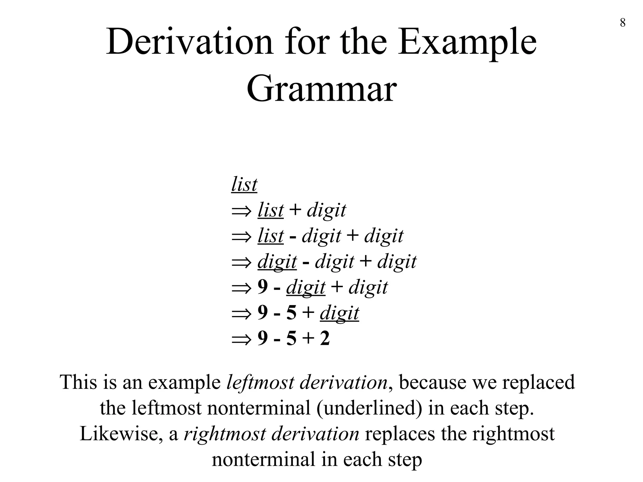 Derivation for the Example Grammar list    list   +   digit    list   -   digit   +   digit    digit   -   digit   +   digit    9 -   digit   +   digit    9 - 5 +   digit    9 - 5 + 2 This is an example  leftmost derivation , because we replaced the leftmost nonterminal (underlined) in each step. Likewise, a  rightmost derivation  replaces the rightmost nonterminal in each step 