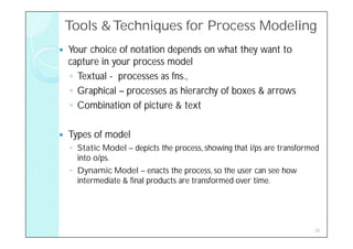 Tools & Techniques for Process Modeling
   Your choice of notation depends on what they want to
    capture in your process model
    ◦ Textual - processes as fns.,
    ◦ Graphical – processes as hierarchy of boxes & arrows
    ◦ Combination of picture & text

   Types of model
    ◦ Static Model – depicts the process, showing that i/ps are transformed
      into o/ps.
    ◦ Dynamic Model – enacts the process, so the user can see how
      intermediate & final products are transformed over time.




                                                                         35
 