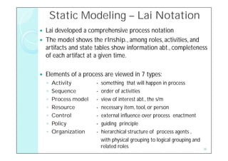 Static Modeling – Lai Notation
   Lai developed a comprehensive process notation
   The model shows the rlnship., among roles, activities, and
    artifacts and state tables show information abt., completeness
    of each artifact at a given time.

   Elements of a process are viewed in 7 types:
    ◦   Activity        -   something that will happen in process
    ◦   Sequence        -   order of activities
    ◦   Process model   -   view of interest abt., the s/m
    ◦   Resource        -   necessary item, tool, or person
    ◦   Control         -   external influence over process enactment
    ◦   Policy          -   guiding principle
    ◦   Organization    -   hierarchical structure of process agents ,
                            with physical grouping to logical grouping and
                            related roles                                    36
 