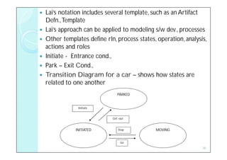    Lai’s notation includes several template, such as an Artifact
    Defn., Template
   Lai’s approach can be applied to modeling s/w dev., processes
   Other templates define rln, process states, operation, analysis,
    actions and roles
   Initiate - Entrance cond.,
   Park – Exit Cond.,
   Transition Diagram for a car – shows how states are
    related to one another
                                 PARKED


                 Initiate


                              Get -out


               INITIATED          Stop         MOVING


                                   Go
                                                                  38
 