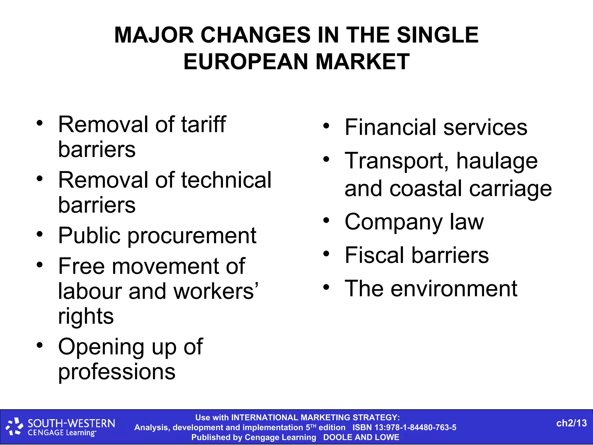 MAJOR CHANGES IN THE SINGLE EUROPEAN MARKET Removal of tariff barriers Removal of technical barriers Public procurement Free movement of labour and workers’ rights Opening up of  professions Financial services Transport, haulage and coastal carriage Company law Fiscal barriers The environment 