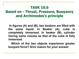 TASK 10.6 Based on - Thrust, Pressure, Buoyancy and Archimedes’s principle In figures (A) and (B), two beakers are filled with the same liquid. In Beaker (A), cube is completely immersed. In beaker (B), cylinder having same volume as that of the cube is fully immersed. Which of the two objects experience greater buoyant force? Give reason for your answer. 