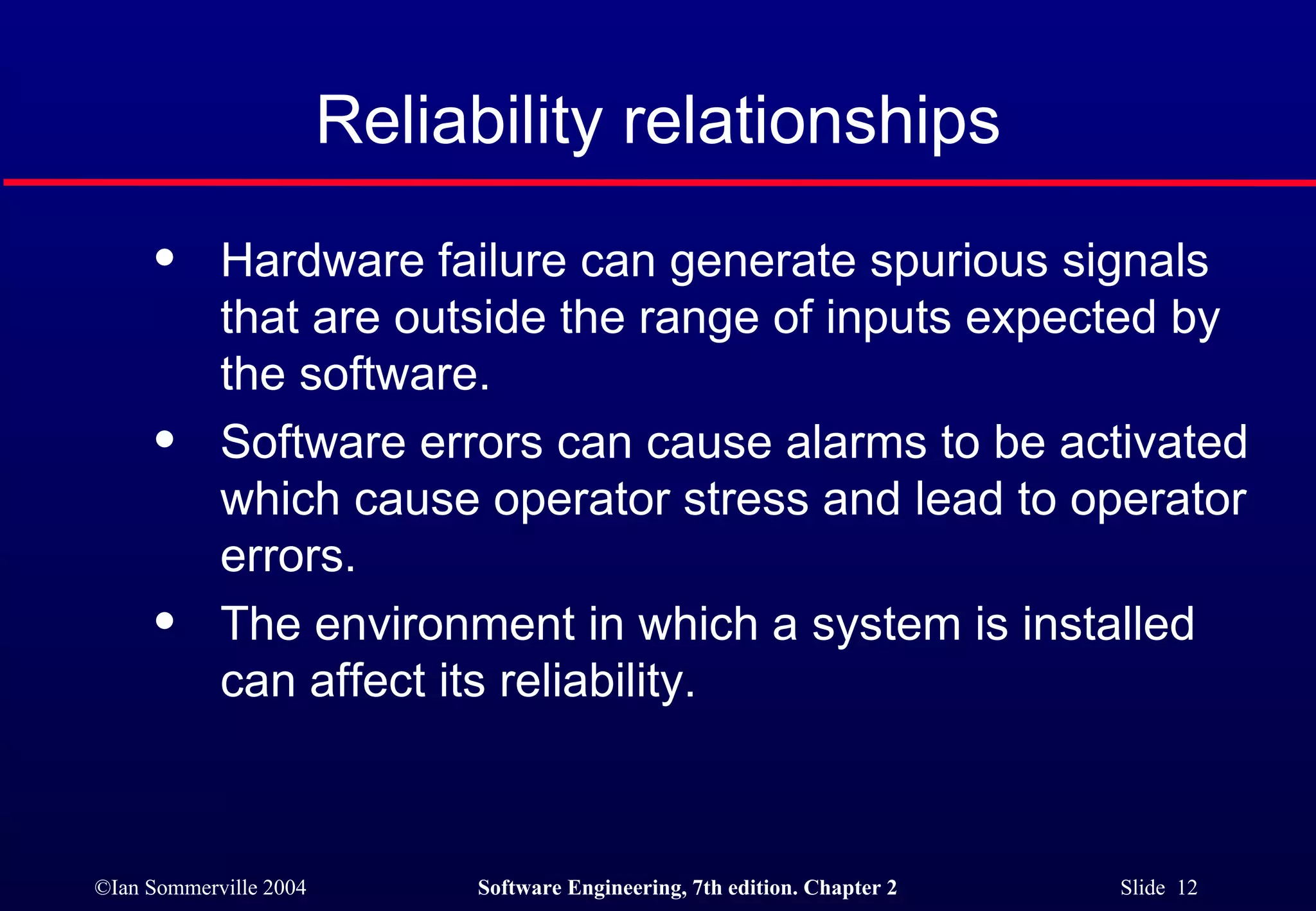 Reliability relationships Hardware failure can generate spurious signals that are outside the range of inputs expected by the software. Software errors can cause alarms to be activated which cause operator stress and lead to operator errors. The environment in which a system is installed can affect its reliability. 