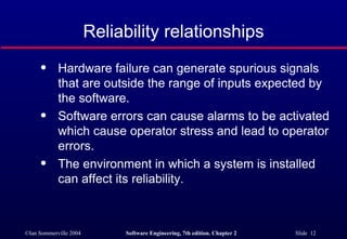 Reliability relationships Hardware failure can generate spurious signals that are outside the range of inputs expected by the software. Software errors can cause alarms to be activated which cause operator stress and lead to operator errors. The environment in which a system is installed can affect its reliability. 