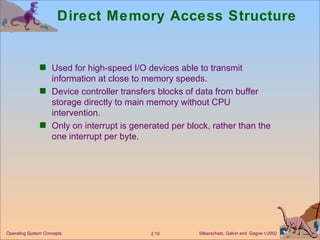Direct Memory Access Structure Used for high-speed I/O devices able to transmit information at close to memory speeds. Device controller transfers blocks of data from buffer storage directly to main memory without CPU intervention. Only on interrupt is generated per block, rather than the one interrupt per byte. 